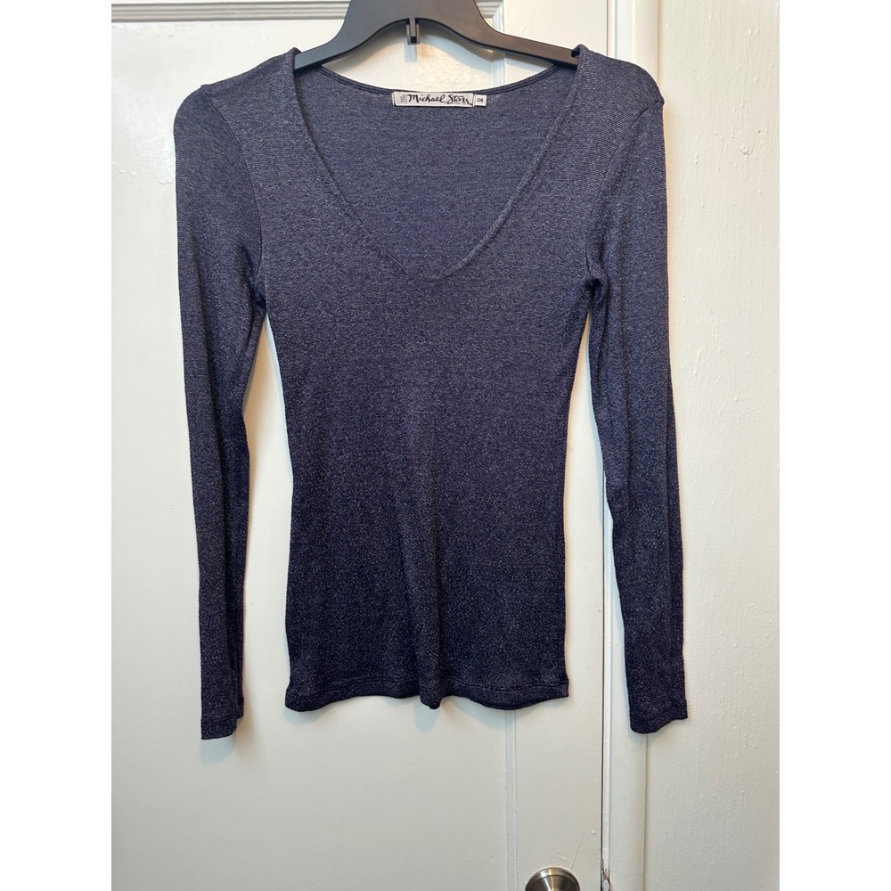 Michael Stars‎ Womens Navy Blue Shimmer V-Neck Long Sleeve Top OS Style 0427